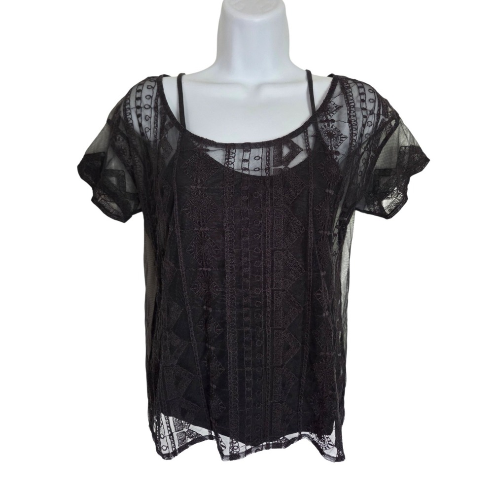 American Eagle Gray Mesh Lace W Cami Short Sleeve Top XS Whimsigoth